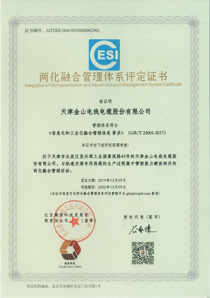 兩化融合管理體係貫標證書